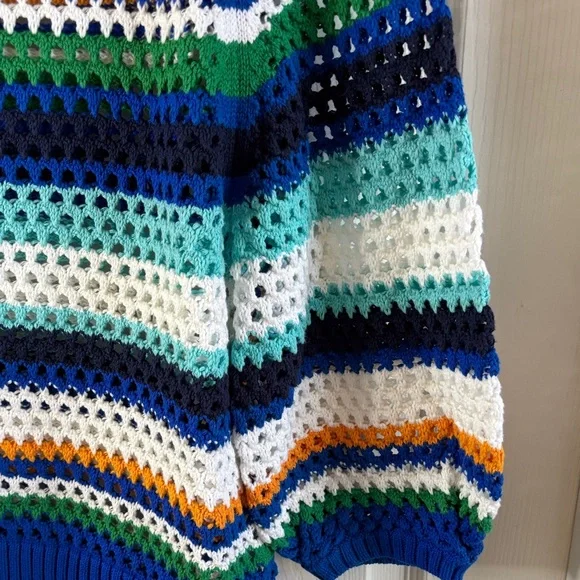 Tribal Multi-Color Striped Sweater 3/4 Sleeves Open Weave Like New Size Large - Picture 4 of 11
